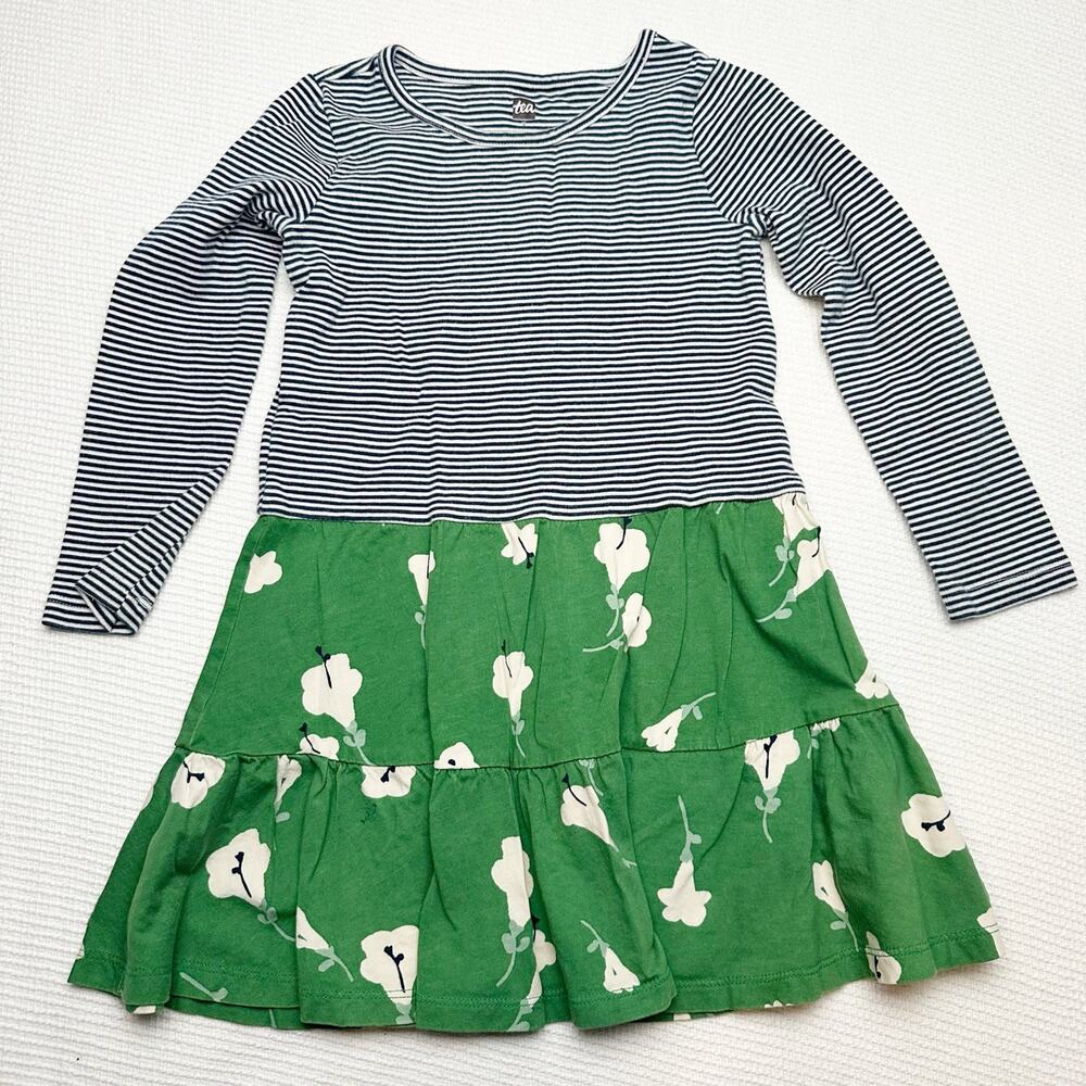 Tea Collection Dress green floral with striped bodice size 5